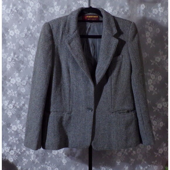 Vintage 70s Wool Blazer 1970s Blue Gray Herringbone Retro Spring Size Medium S/M - Picture 1 of 6